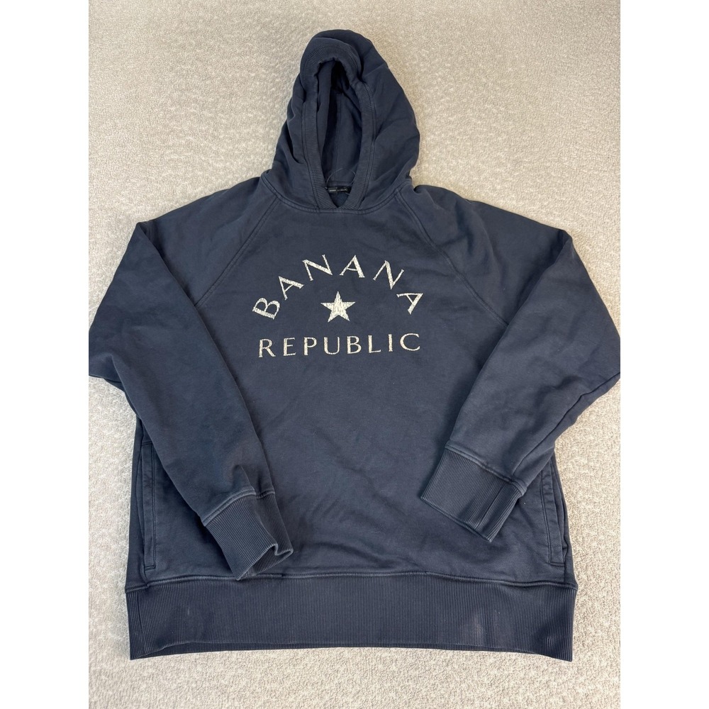Banana Republic Hoodie Mens Large Black Fleece Pullover Logo Graphic Pockets